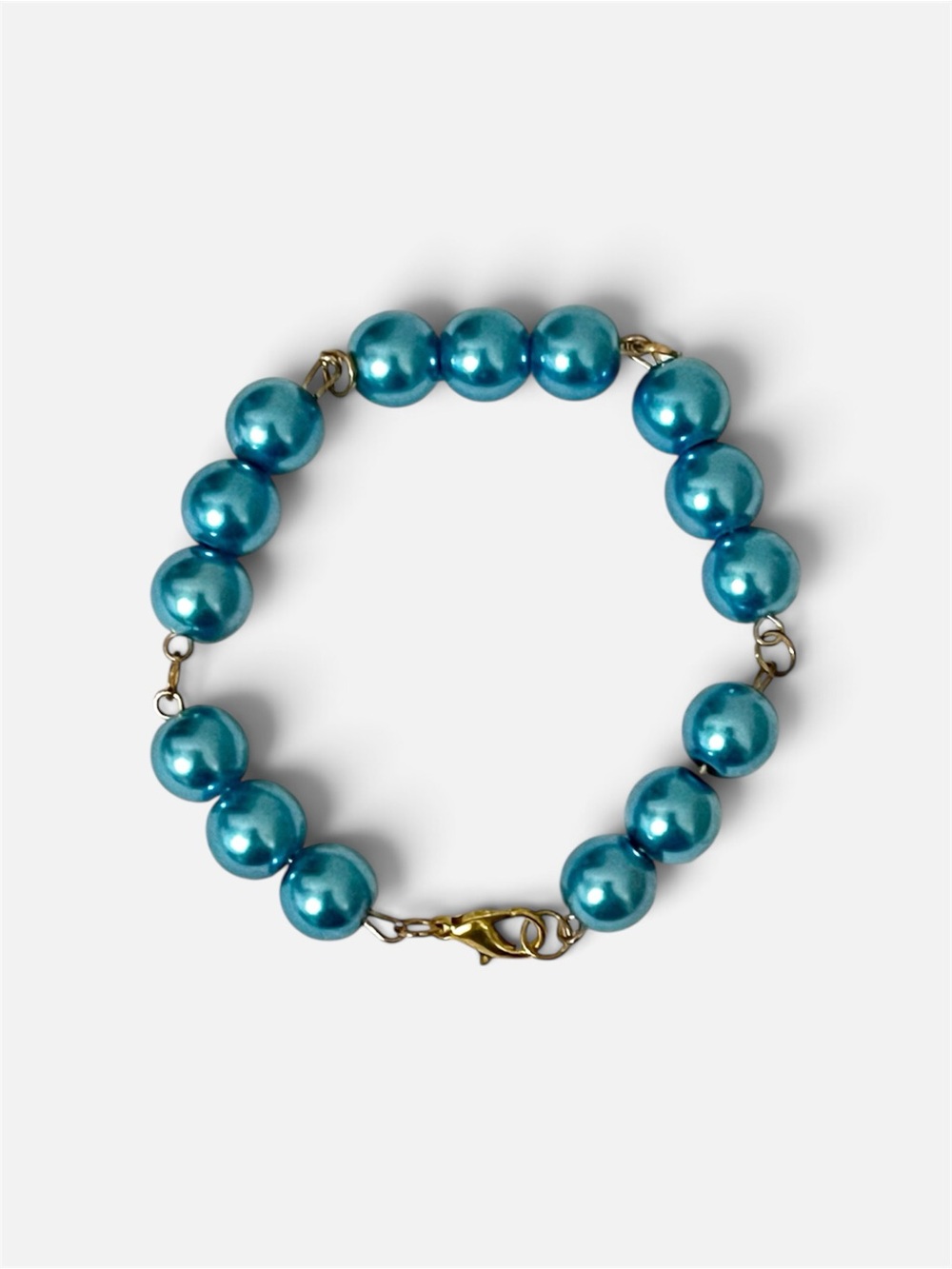 Chunky Teal Blue Glass Pearl Bead Bracelet Gold Tone Lobster Clasp Fashion